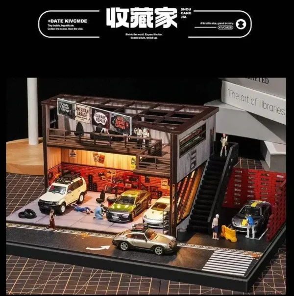 SHOU CANG JIA 1:64 Scale Vintage American Garage Diorama (Double-Deck with LED)