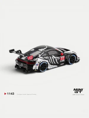 Rear angle of the MINI GT Skeleton Rexy Porsche 911 GT3 R, featuring the massive swan-neck wing and aerodynamic diffuser.