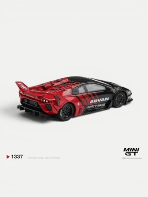 Rear view of the 1/64 LB-Silhouette Murcielago GT Evo diecast car, highlighting the massive wing, shark fin, and diffuser.