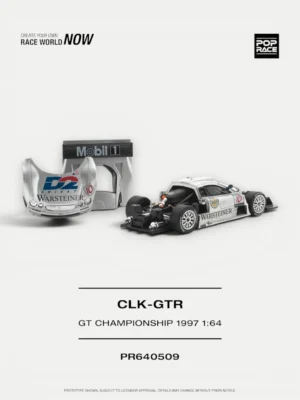 Pop Race CLK GTR 1/64 scale model with magnetic front cowl removed, revealing detailed engine chassis.
