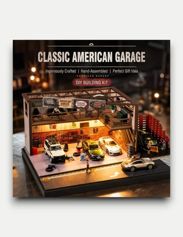 SHOU CANG JIA 1:64 Scale Vintage American Garage Diorama (Double-Deck with LED)