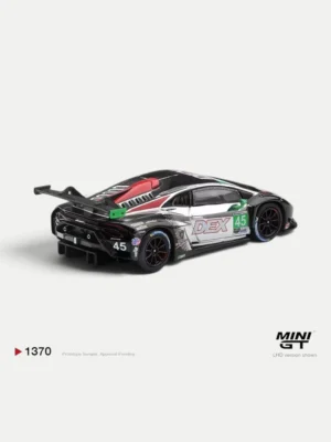 Rear view of the 1:64 MINI GT Lamborghini Huracan GT3 EVO2 showcasing the massive rear wing and Wayne Taylor Racing decals.