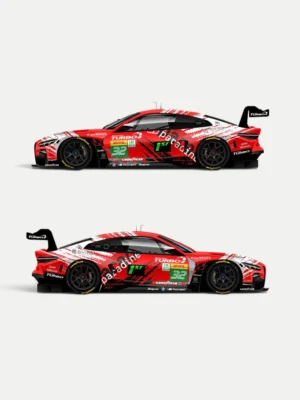 Side profile of the Almost Real 1/64 BMW M4 GT3 EVO #32, showcasing the striking red WRT racing livery and aero details.