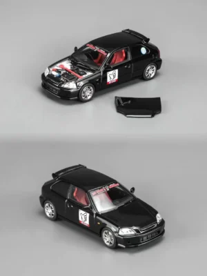 Detailed front view of the Motorhelix 1/64 Honda Civic EK9 NO GOOD Racing, featuring its removable magnetic hood design.