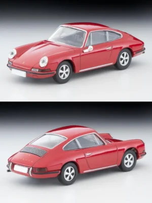 Front and rear angled views of the 1/64 TLV 1967 Porsche 911S, showcasing its sleek short wheelbase profile and red paint.