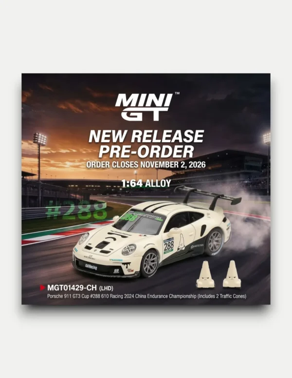MINI GT #1429 1:64 Porsche 911 GT3 Cup #288 610 Racing 2024 China Endurance Championship (with 2 Traffic Cones)