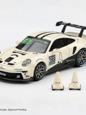 1:64 Porsche 911 GT3 Cup #288 diecast front angle showing The Boring Concept livery and two angry cones.