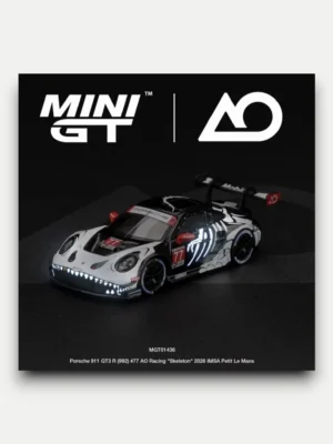 MINI GT #1436 1:64 Porsche 911 GT3 R (992) #77 AO Racing "Skeleton Rexy" 2026 IMSA Petit Le Mans (Glow-in-the-Dark / Glow Rexy)