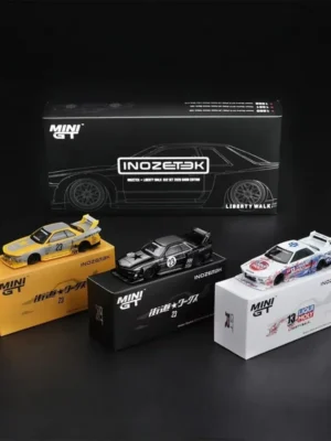 The INOZETEK x Liberty Walk R32 set displayed with its specialized black commemorative packaging and individual model boxes.