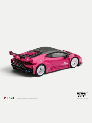 Rear angle of the MINI GT #1424 Lamborghini Huracán, featuring the massive LB★WORKS rear wing and detailed lower diffuser.